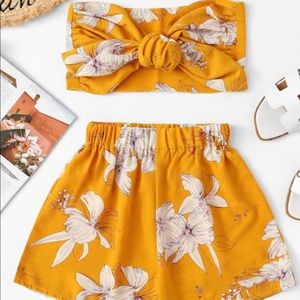 Floral Print Bow Tie Crop Bandeau Top With Shorts